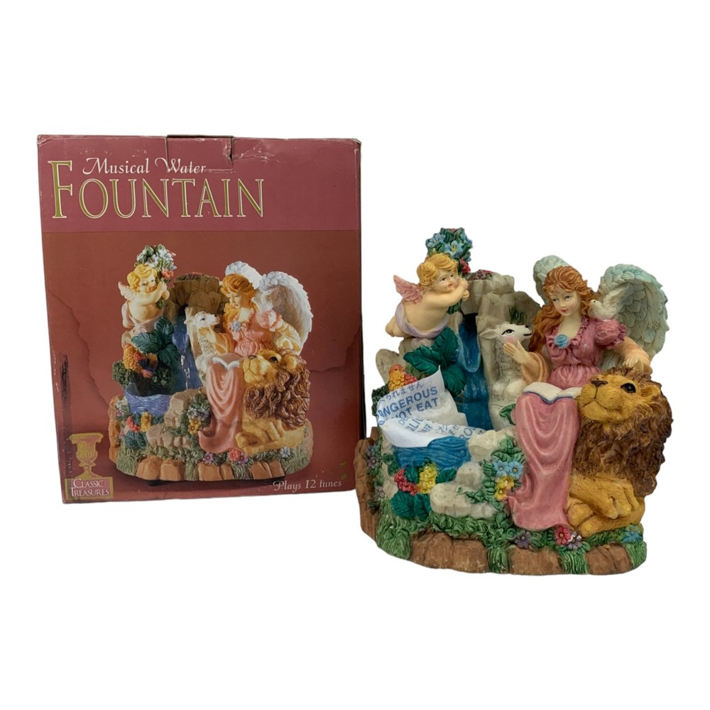 Angels with Lamb & Lion Reading a Book Musical Water Fountain plays 12 Tunes